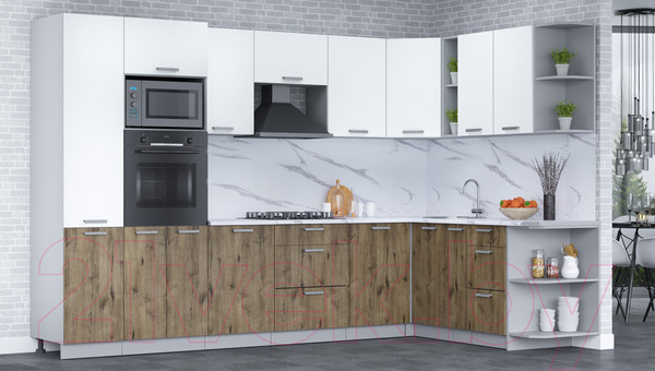 Изображение товара Кухонный гарнитур Интерлиния Мила Лайт 1.88x3.2 правая (белый платинум/дуб веллингтон/белый гранит)