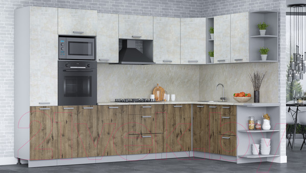 Изображение товара Кухонный гарнитур Интерлиния Мила Лайт 1.88x3.2 правая (бетон лайт/дуб веллингтон/опал светлый)