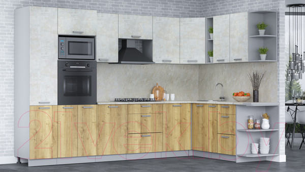 Изображение товара Кухонный гарнитур Интерлиния Мила Лайт 1.88x3.2 правая (бетон лайт/дуб золотой/опал светлый)