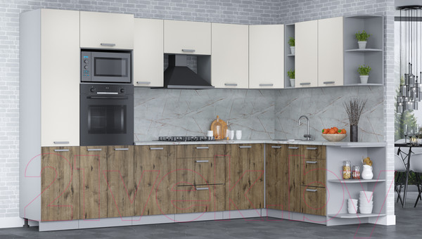 Изображение товара Кухонный гарнитур Интерлиния Мила Лайт 1.88x3.2 правая (персидский жемчуг/дуб веллингтон/серый каспий)