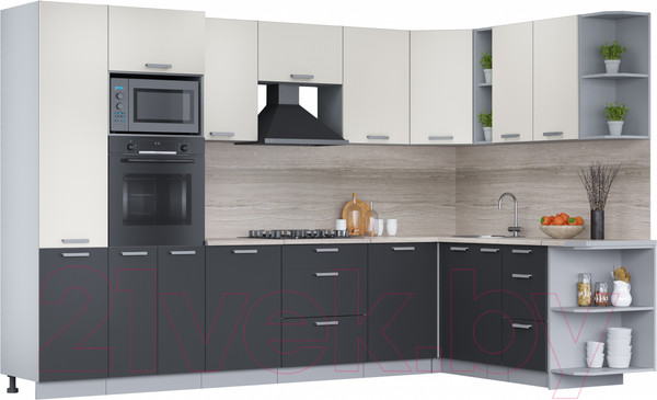 Изображение товара Кухонный гарнитур Интерлиния Мила Лайт 1.88x3.2 правая (персидский жемчуг/антрацит/травертин серый)