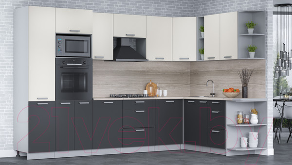 Изображение товара Кухонный гарнитур Интерлиния Мила Лайт 1.88x3.2 правая (персидский жемчуг/антрацит/травертин серый)