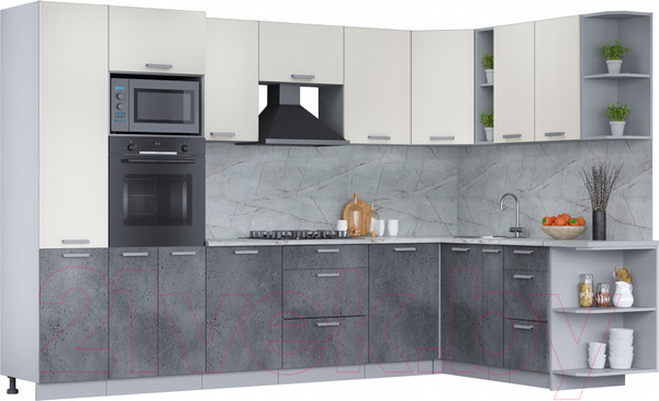 Изображение товара Кухонный гарнитур Интерлиния Мила Лайт 1.88x3.2 правая (персидский жемчуг/бетон портленд/серый каспий)