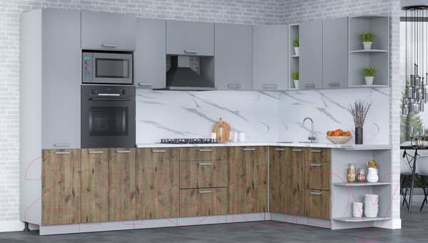 Изображение товара Кухонный гарнитур Интерлиния Мила Лайт 1.88x3.2 правая (серебро/дуб веллингтон/белый гранит)