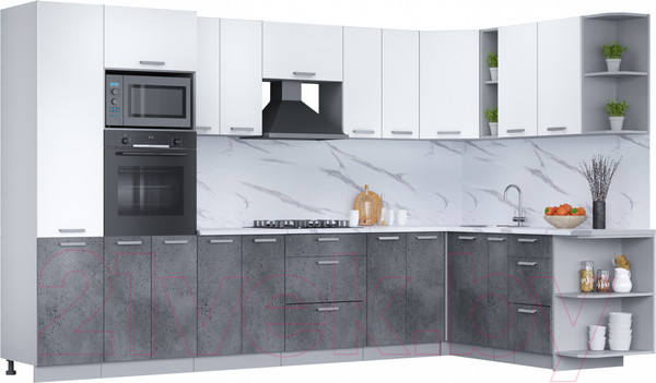 Изображение товара Кухонный гарнитур Интерлиния Мила Лайт 1.88x3.4 правая (белый платинум/бетон портленд/белый гранит)