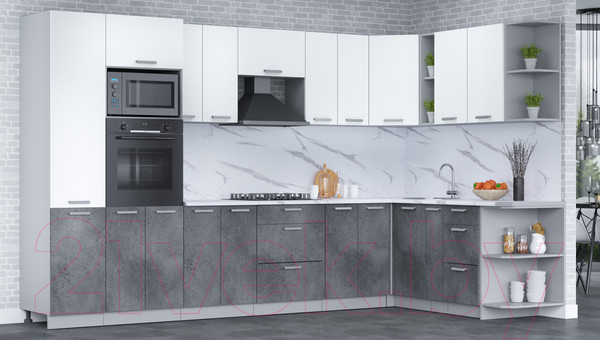 Изображение товара Кухонный гарнитур Интерлиния Мила Лайт 1.88x3.4 правая (белый платинум/бетон портленд/белый гранит)