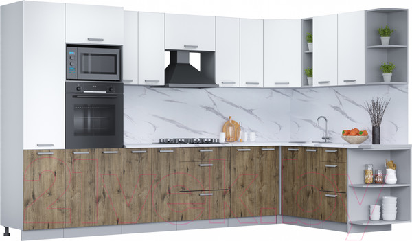 Изображение товара Кухонный гарнитур Интерлиния Мила Лайт 1.88x3.4 правая (белый платинум/дуб веллингтон/белый гранит)