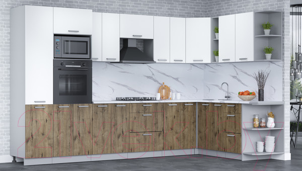 Изображение товара Кухонный гарнитур Интерлиния Мила Лайт 1.88x3.4 правая (белый платинум/дуб веллингтон/белый гранит)