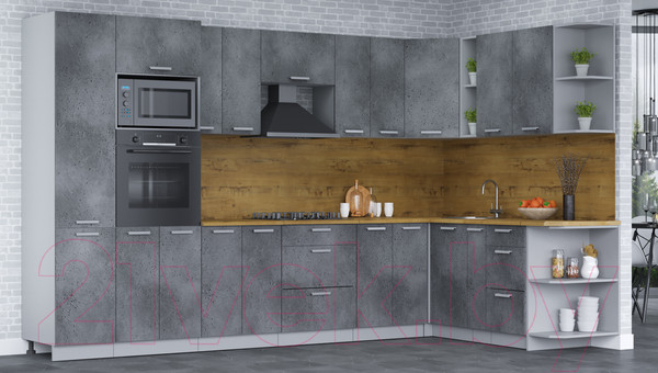 Изображение товара Кухонный гарнитур Интерлиния Мила Лайт 1.88x3.4 правая (бетон потленд/бетон портленд/дуб бунратти)