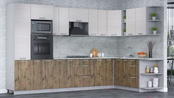 Изображение товара Кухонный гарнитур Интерлиния Мила Лайт 1.88x3.4 правая (вудлайн кремовый/дуб веллингтон/серый каспий)