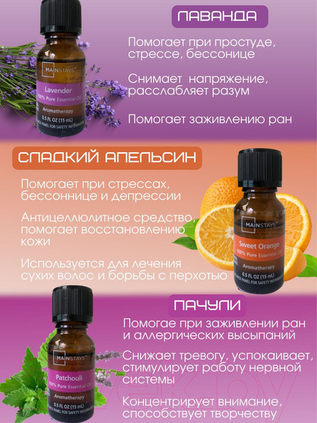 Изображение товара Набор эфирных масел Mainstays Лаванда Сладкий апельсин Пачули (3x15мл)