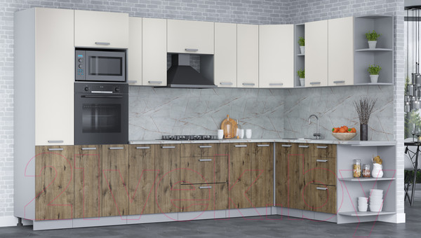 Изображение товара Кухонный гарнитур Интерлиния Мила Лайт 1.88x3.4 правая (персидский жемчуг/дуб веллингтон/серый каспий)