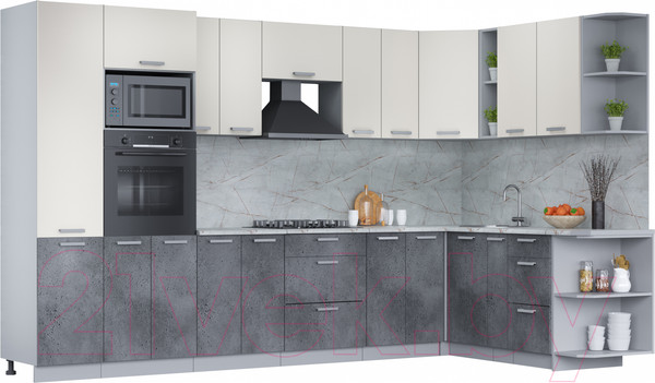 Изображение товара Кухонный гарнитур Интерлиния Мила Лайт 1.88x3.4 правая (персидский жемчуг/бетон портленд/серый каспий)