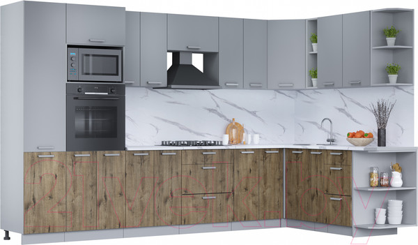 Изображение товара Кухонный гарнитур Интерлиния Мила Лайт 1.88x3.4 правая (серебро/дуб веллингтон/белый гранит)