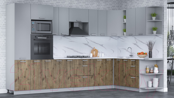 Изображение товара Кухонный гарнитур Интерлиния Мила Лайт 1.88x3.4 правая (серебро/дуб веллингтон/белый гранит)