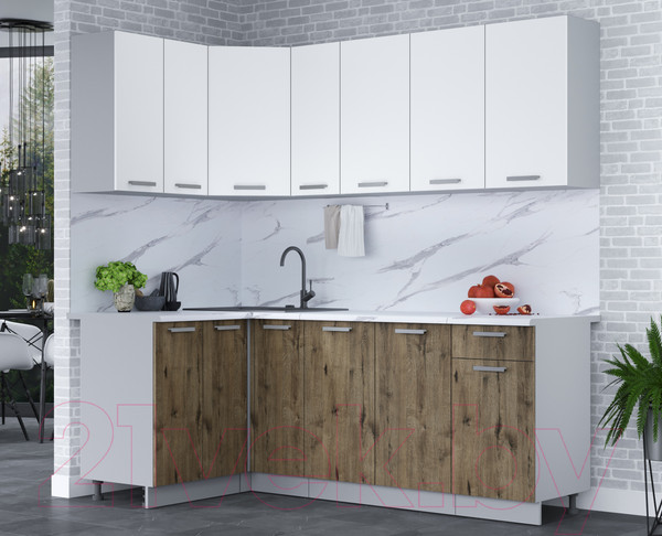 Изображение товара Кухонный гарнитур Интерлиния Мила Лайт 1.2x2.1 (белый платинум/дуб веллингтон/белый гранит)