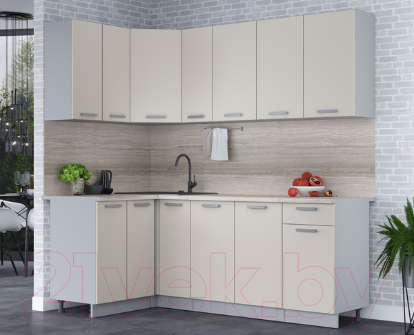 Изображение товара Кухонный гарнитур Интерлиния Мила Лайт 1.2x2.1 (персидский жемчуг/персидский жемчуг/травертин серый)