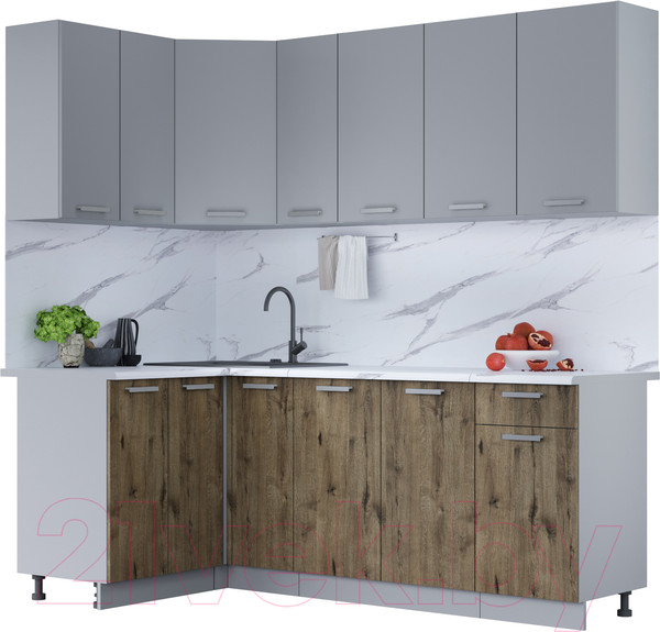 Изображение товара Кухонный гарнитур Интерлиния Мила Лайт 1.2x2.1 (серебро/дуб веллингтон/белый гранит)