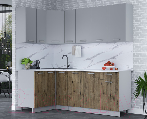 Изображение товара Кухонный гарнитур Интерлиния Мила Лайт 1.2x2.1 (серебро/дуб веллингтон/белый гранит)