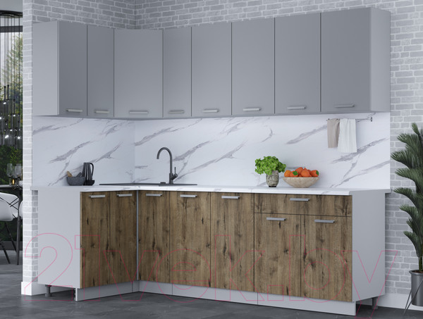 Изображение товара Кухонный гарнитур Интерлиния Мила Лайт 1.2x2.5 (серебро/дуб веллингтон/белый гранит)