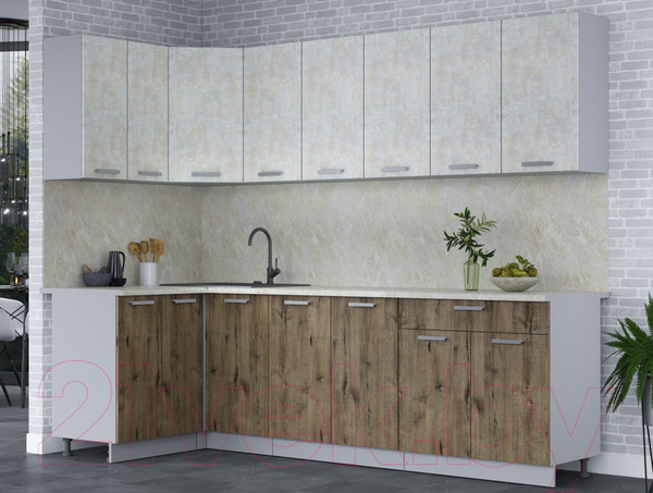 Изображение товара Кухонный гарнитур Интерлиния Мила Лайт 1.2x2.6 (бетон лайт/дуб веллингтон/опал светлый)