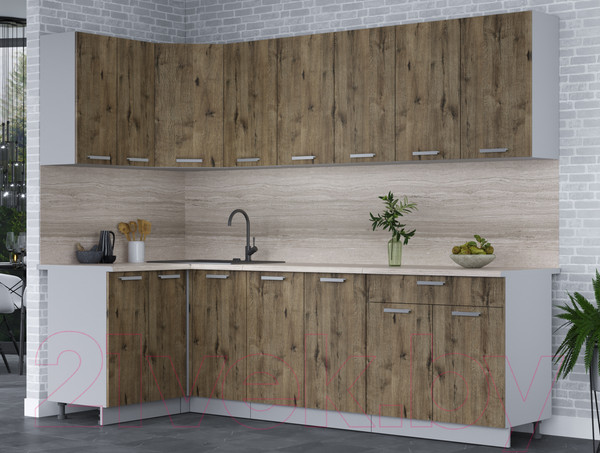 Изображение товара Кухонный гарнитур Интерлиния Мила Лайт 1.2x2.6 (дуб веллингтон/дуб веллингтон/травертин серый)