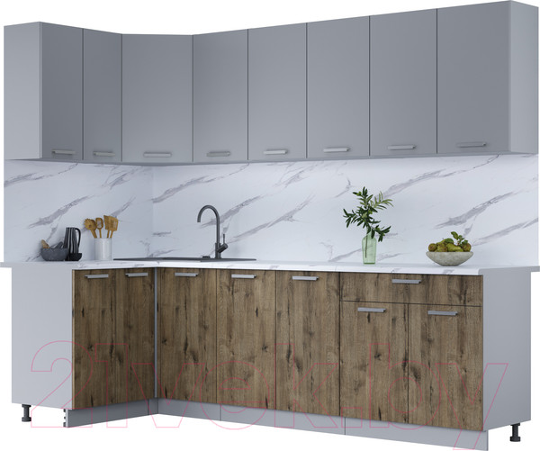 Изображение товара Кухонный гарнитур Интерлиния Мила Лайт 1.2x2.6 (серебро/дуб веллингтон/белый гранит)
