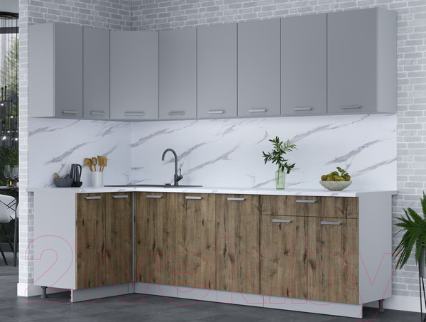 Изображение товара Кухонный гарнитур Интерлиния Мила Лайт 1.2x2.6 (серебро/дуб веллингтон/белый гранит)