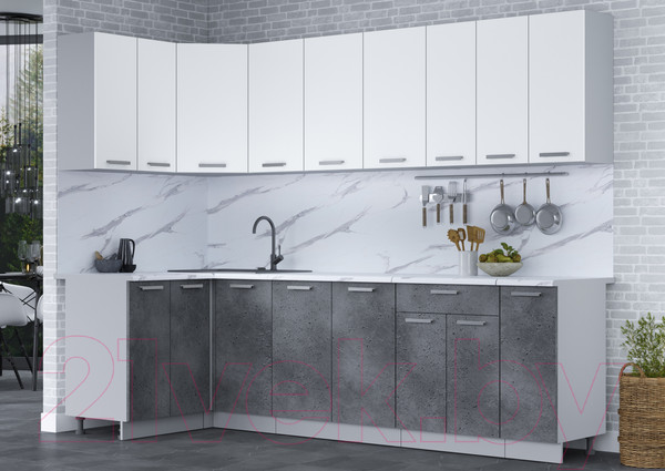 Изображение товара Кухонный гарнитур Интерлиния Мила Лайт 1.2x2.7 (белый платинум/бетон портленд/белый гранит)