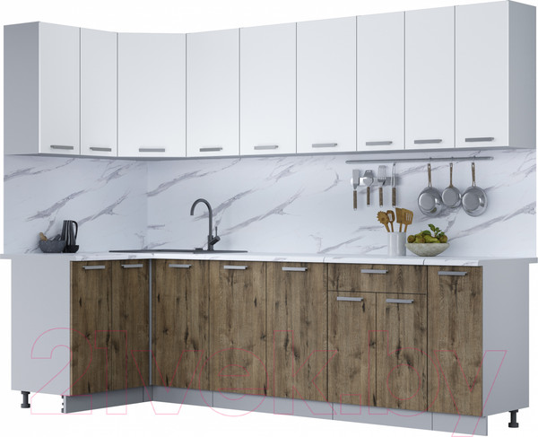 Изображение товара Кухонный гарнитур Интерлиния Мила Лайт 1.2x2.7 (белый платинум/дуб веллингтон/белый гранит)