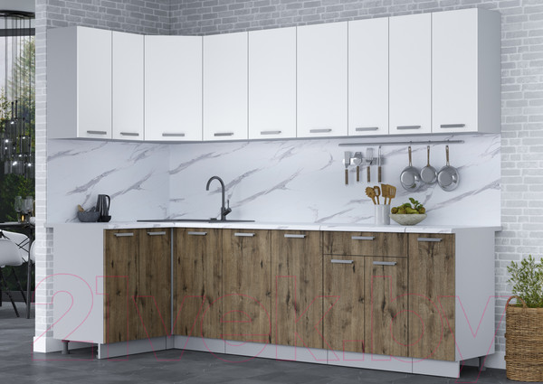 Изображение товара Кухонный гарнитур Интерлиния Мила Лайт 1.2x2.7 (белый платинум/дуб веллингтон/белый гранит)