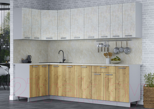 Изображение товара Кухонный гарнитур Интерлиния Мила Лайт 1.2x2.7 (бетон лайт/дуб золотой/опал светлый)