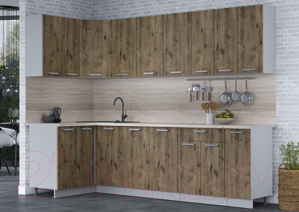 Изображение товара Кухонный гарнитур Интерлиния Мила Лайт 1.2x2.7 (дуб веллингтон/дуб веллингтон/травертин серый)