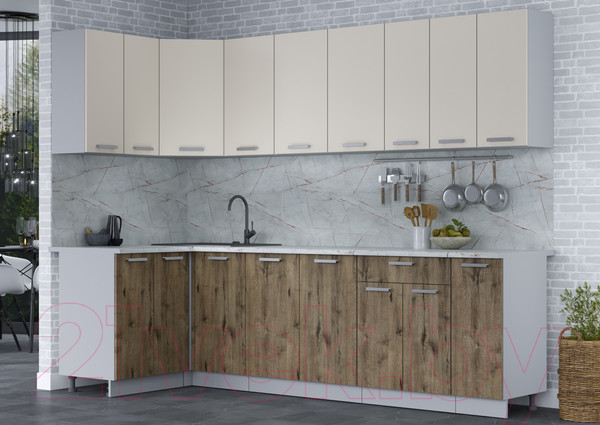 Изображение товара Кухонный гарнитур Интерлиния Мила Лайт 1.2x2.7 (персидский жемчуг/дуб веллингтон/серый каспий)