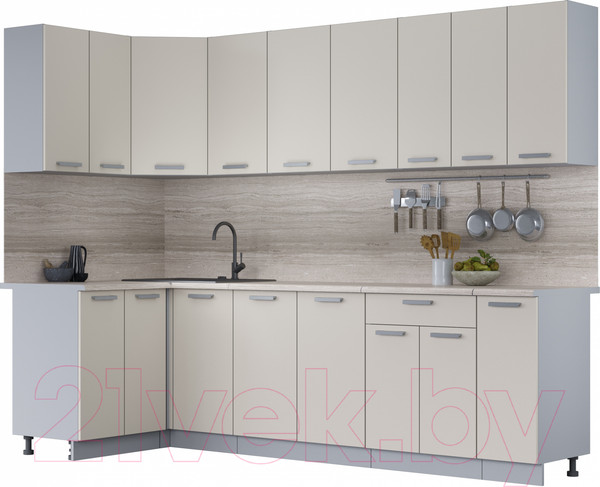 Изображение товара Кухонный гарнитур Интерлиния Мила Лайт 1.2x2.7 (персидский жемчуг/персидский жемчуг/травертин серый)