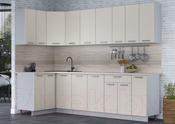 Изображение товара Кухонный гарнитур Интерлиния Мила Лайт 1.2x2.7 (персидский жемчуг/персидский жемчуг/травертин серый)