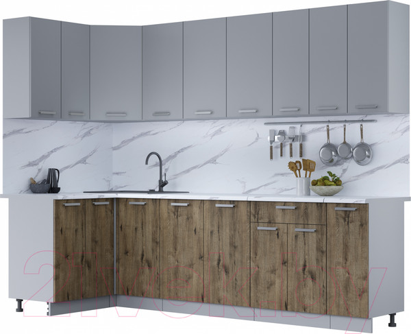 Изображение товара Кухонный гарнитур Интерлиния Мила Лайт 1.2x2.7 (серебро/дуб веллингтон/белый гранит)