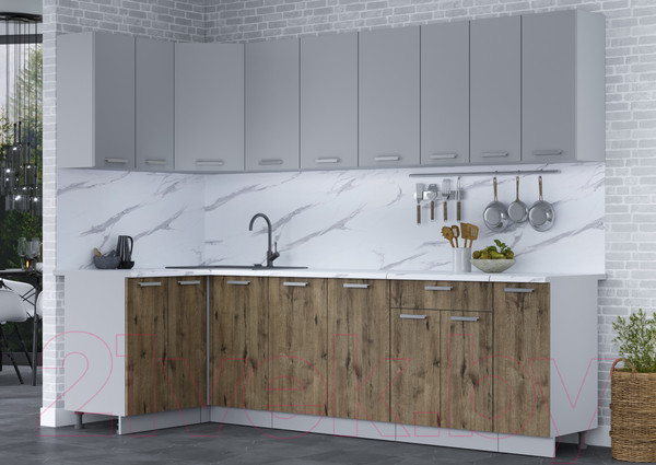 Изображение товара Кухонный гарнитур Интерлиния Мила Лайт 1.2x2.7 (серебро/дуб веллингтон/белый гранит)