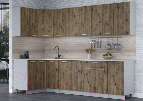 Изображение товара Кухонный гарнитур Интерлиния Мила Лайт 1.2x2.8 (дуб веллингтон/дуб веллингтон/травертин серый)