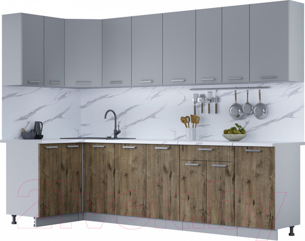 Изображение товара Кухонный гарнитур Интерлиния Мила Лайт 1.2x2.8 (серебро/дуб веллингтон/белый гранит)