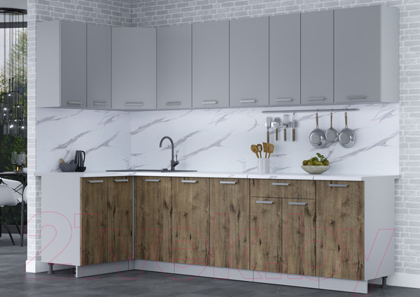 Изображение товара Кухонный гарнитур Интерлиния Мила Лайт 1.2x2.8 (серебро/дуб веллингтон/белый гранит)