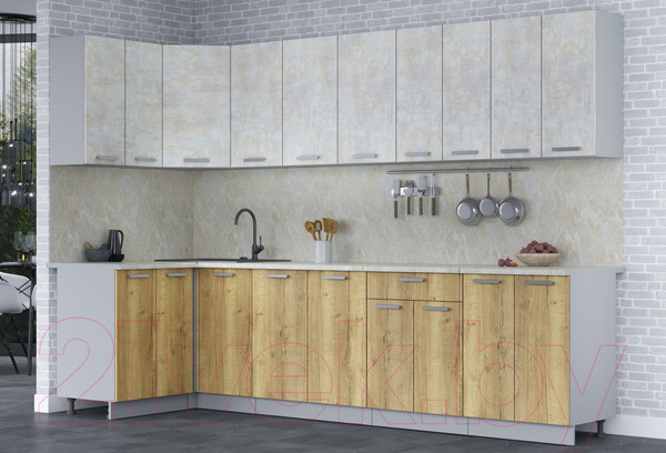 Изображение товара Кухонный гарнитур Интерлиния Мила Лайт 1.2x3.0 (бетон лайт/дуб золотой/опал светлый)