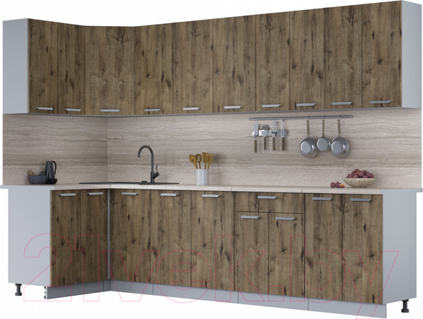 Изображение товара Кухонный гарнитур Интерлиния Мила Лайт 1.2x3.0 (дуб веллингтон/дуб веллингтон/травертин серый)