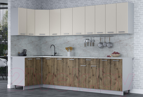 Изображение товара Кухонный гарнитур Интерлиния Мила Лайт 1.2x3.0 (персидский жемчуг/дуб веллингтон/серый каспий)