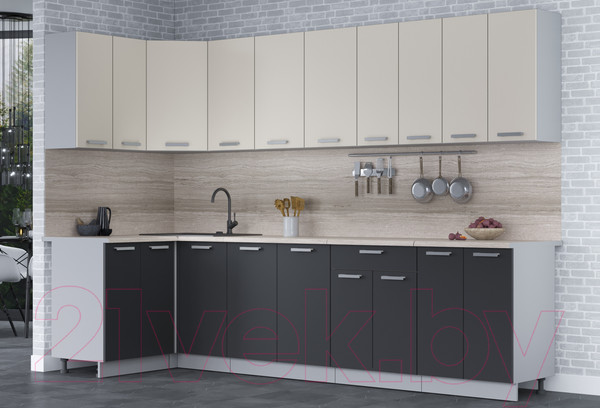 Изображение товара Кухонный гарнитур Интерлиния Мила Лайт 1.2x3.0 (персидский жемчуг/антрацит/травертин серый)