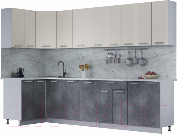 Изображение товара Кухонный гарнитур Интерлиния Мила Лайт 1.2x3.0 (персидский жемчуг/бетон портленд/серый каспий)