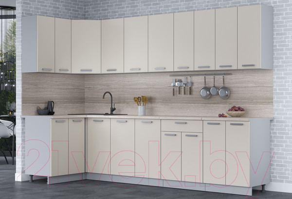 Изображение товара Кухонный гарнитур Интерлиния Мила Лайт 1.2x3.0 (персидский жемчуг/персидский жемчуг/травертин серый)