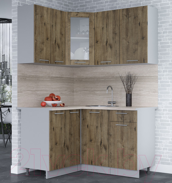 Изображение товара Кухонный гарнитур Интерлиния Мила 12x14 (дуб веллингтон/дуб веллингтон/травертин серый)