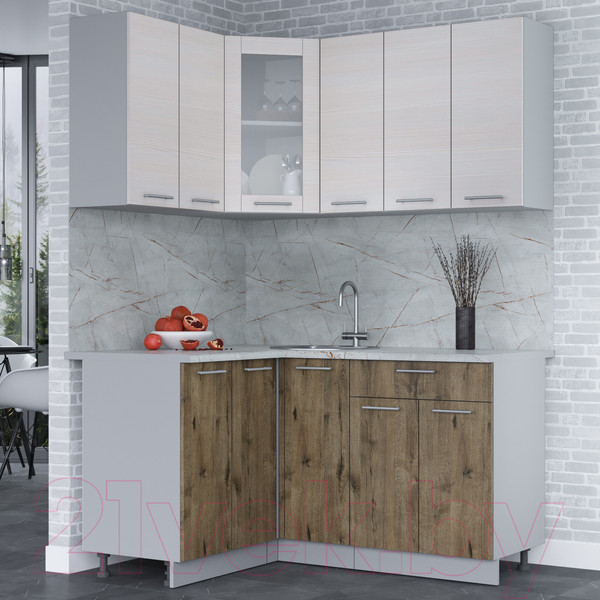 Изображение товара Кухонный гарнитур Интерлиния Мила 12x15 (вудлайн кремовый/дуб веллингтон/серый каспий)