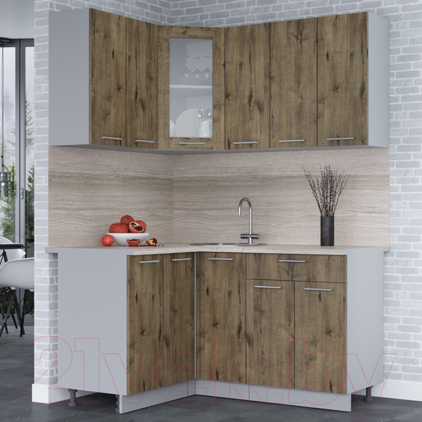 Изображение товара Кухонный гарнитур Интерлиния Мила 12x15 (дуб веллингтон/дуб веллингтон/травертин серый)